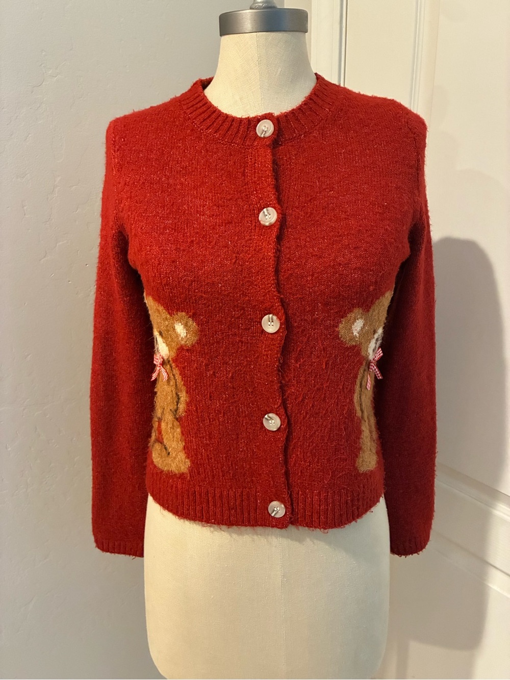 Jessica Simpson Red Teddy-Detail Button Cardigan Sweater size S